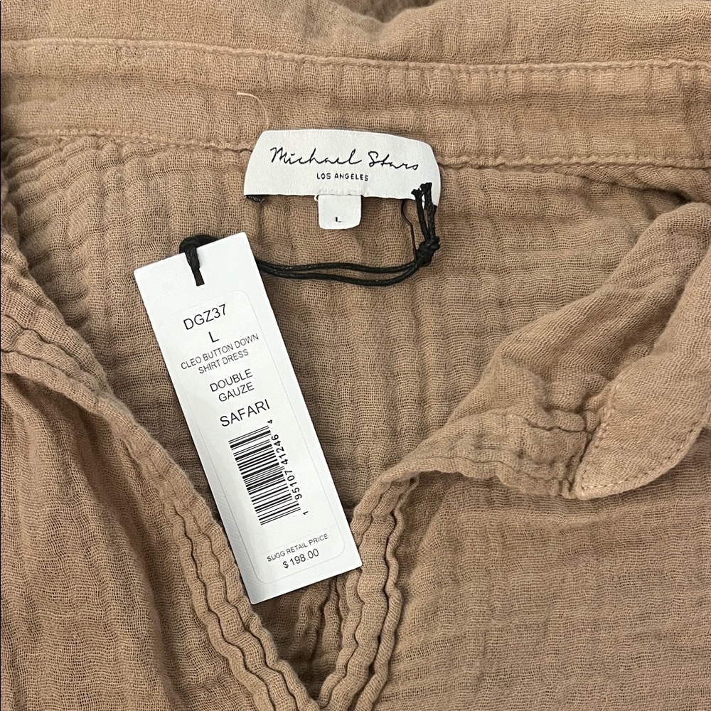 MICHAEL STARS Cleo Button Down Double Gauze Shirt Dress in Safari Sz L - NWT!! - Picture 6 of 8